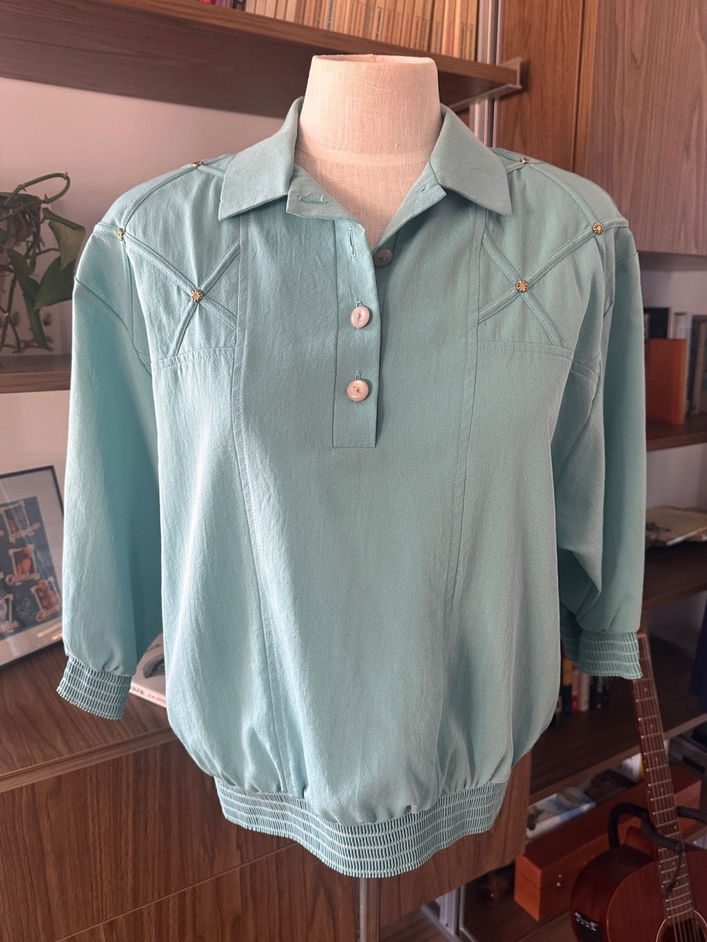 Vintage 80s Teal Blouse Geometric Stud Detail Dolman Sleeve Top M